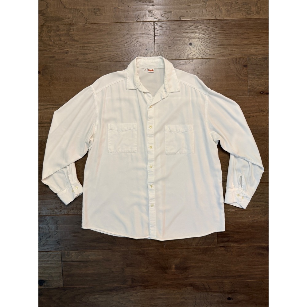 Tianello Button Down Shirt Womens L White Tencel‎ Rayon Camp Collar USA